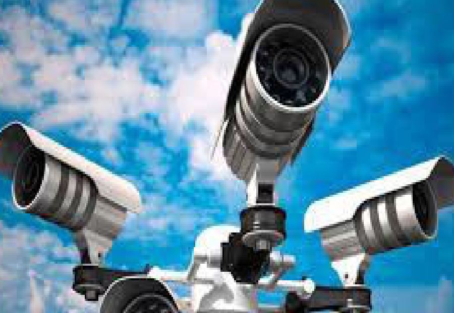 Bullet CCTV cameras mounted on an outdoor pole bracket