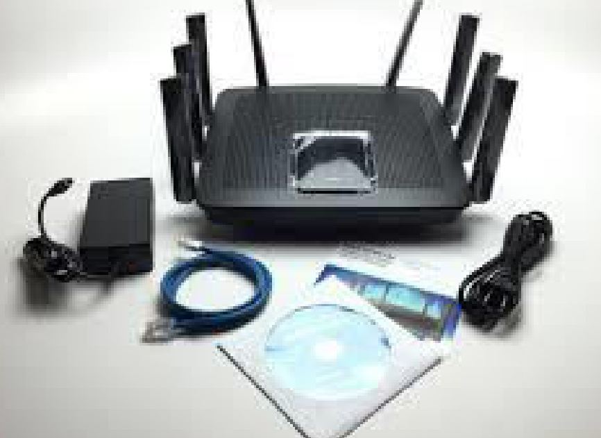 Dual-band wireless router with power adapter, LAN cable, and accessories